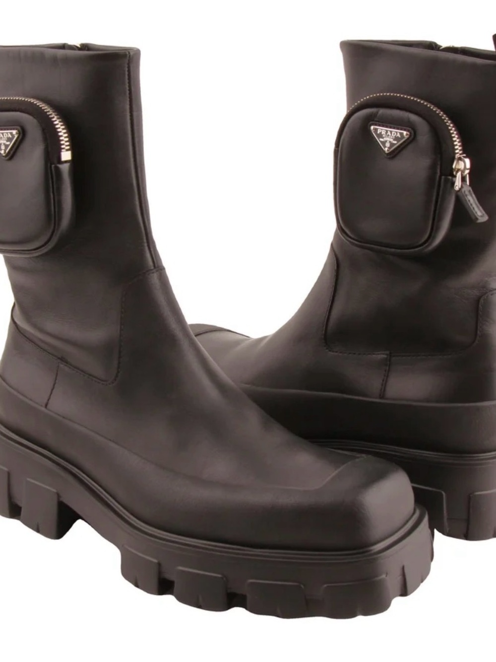 Prada Black Leather Lug-Sole Ankle Boots with Mini Zip Pocket